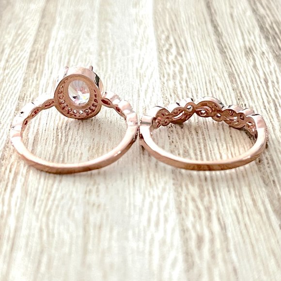 Oval White Sapphire Halo Ring w/ Leaf-Vine Band. 14K Rose Gold. - Picture 3 of 5
